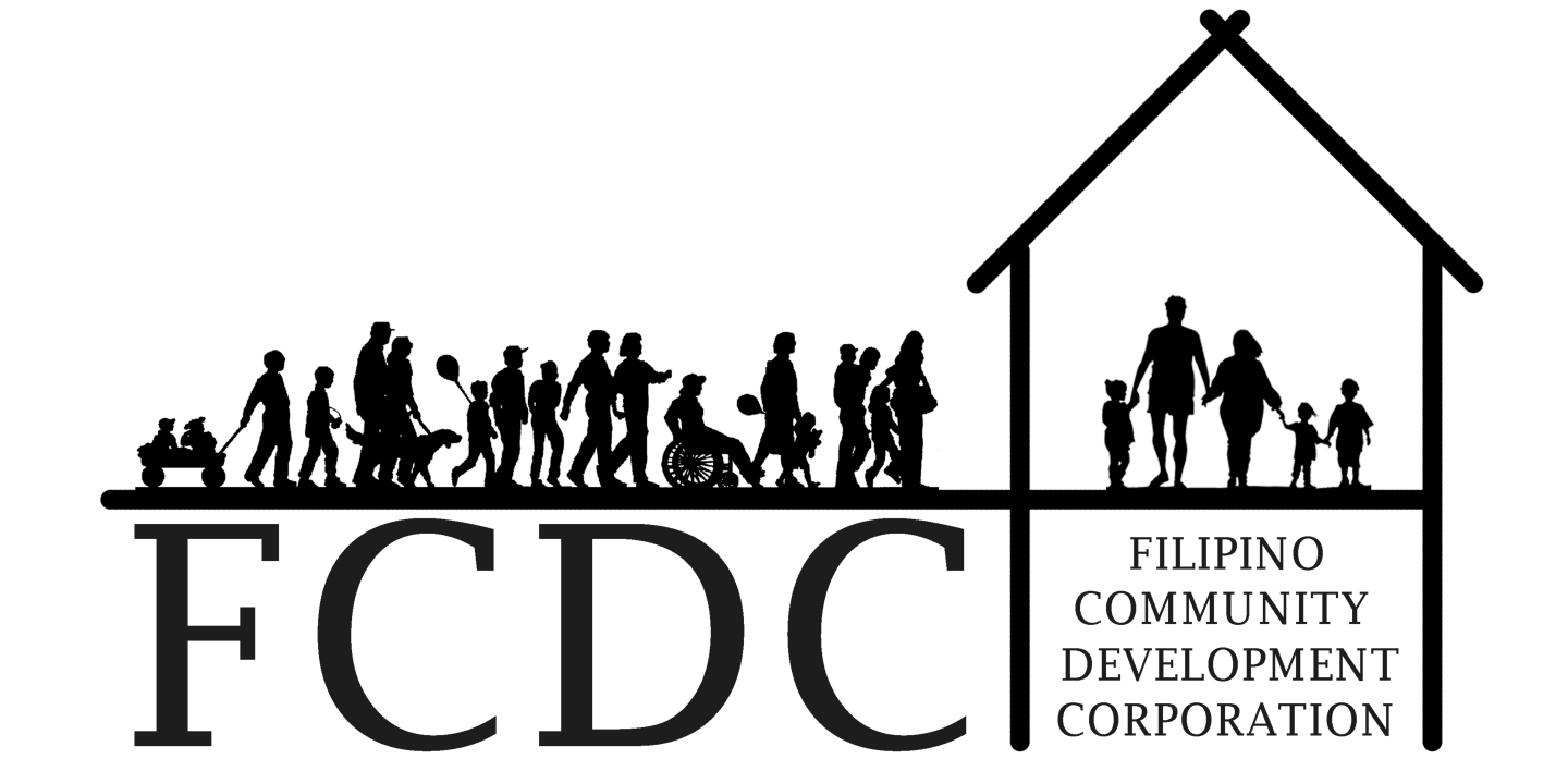 Logo of the Filipino Community Development Corporation (FCDC), featuring silhouettes of diverse community members walking toward a house, symbolizing unity, housing access, and family support.
