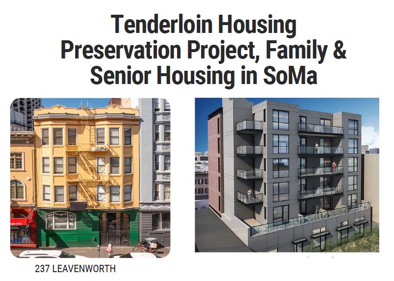 Side-by-side comparison showing a preserved yellow residential building at 237 Leavenworth in the Tenderloin and senior housing apartment building in SoMa, representing affordable housing initiatives in San Francisco.